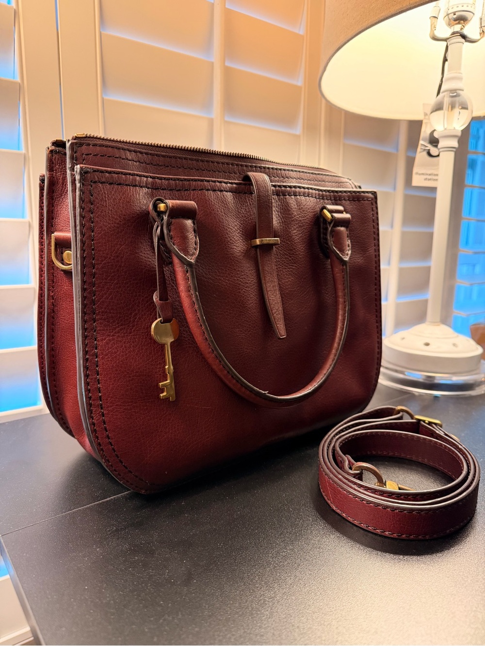 Fossil Burgundy Leather Crossbody Bag with Key Charm - Picture 2 of 7